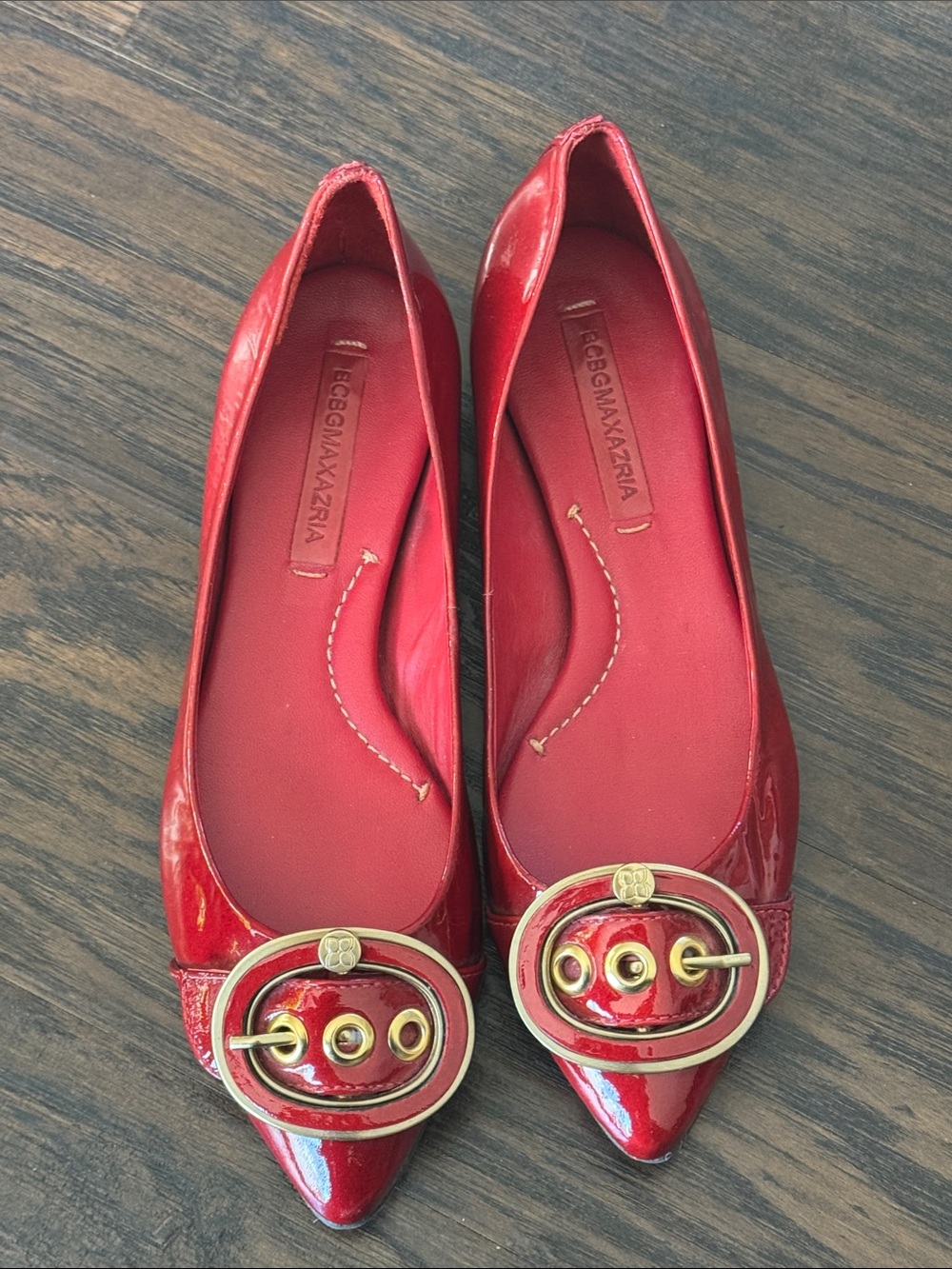 BCBGMaxAzria Red Patent Pointed Toe Flats with Gold Buckle Detail